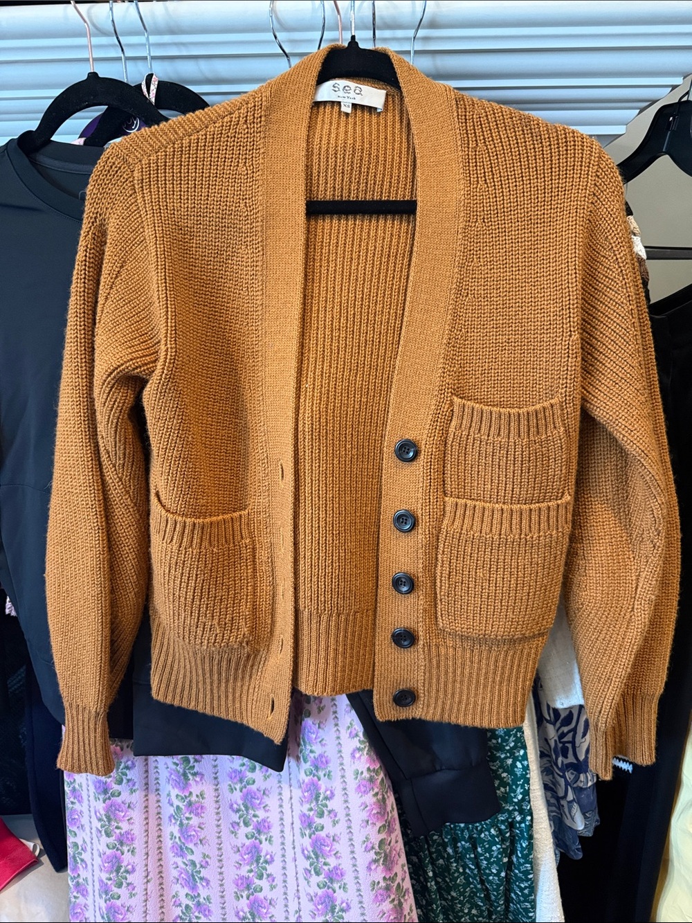 Sea New York Camel Ribbed Button-Front Pocket Cardigan